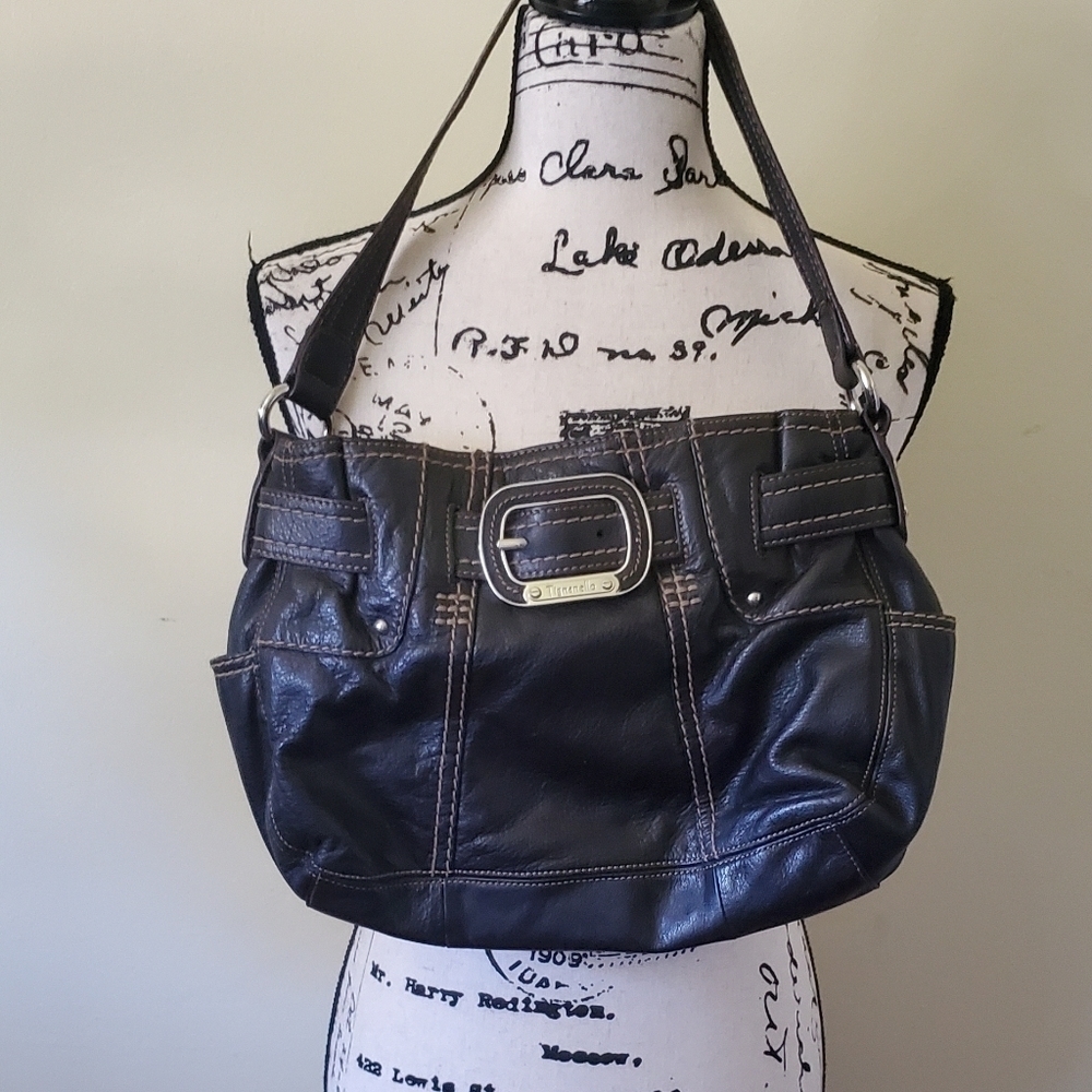 Tignanello Black Silver Leather Hobo Bag
